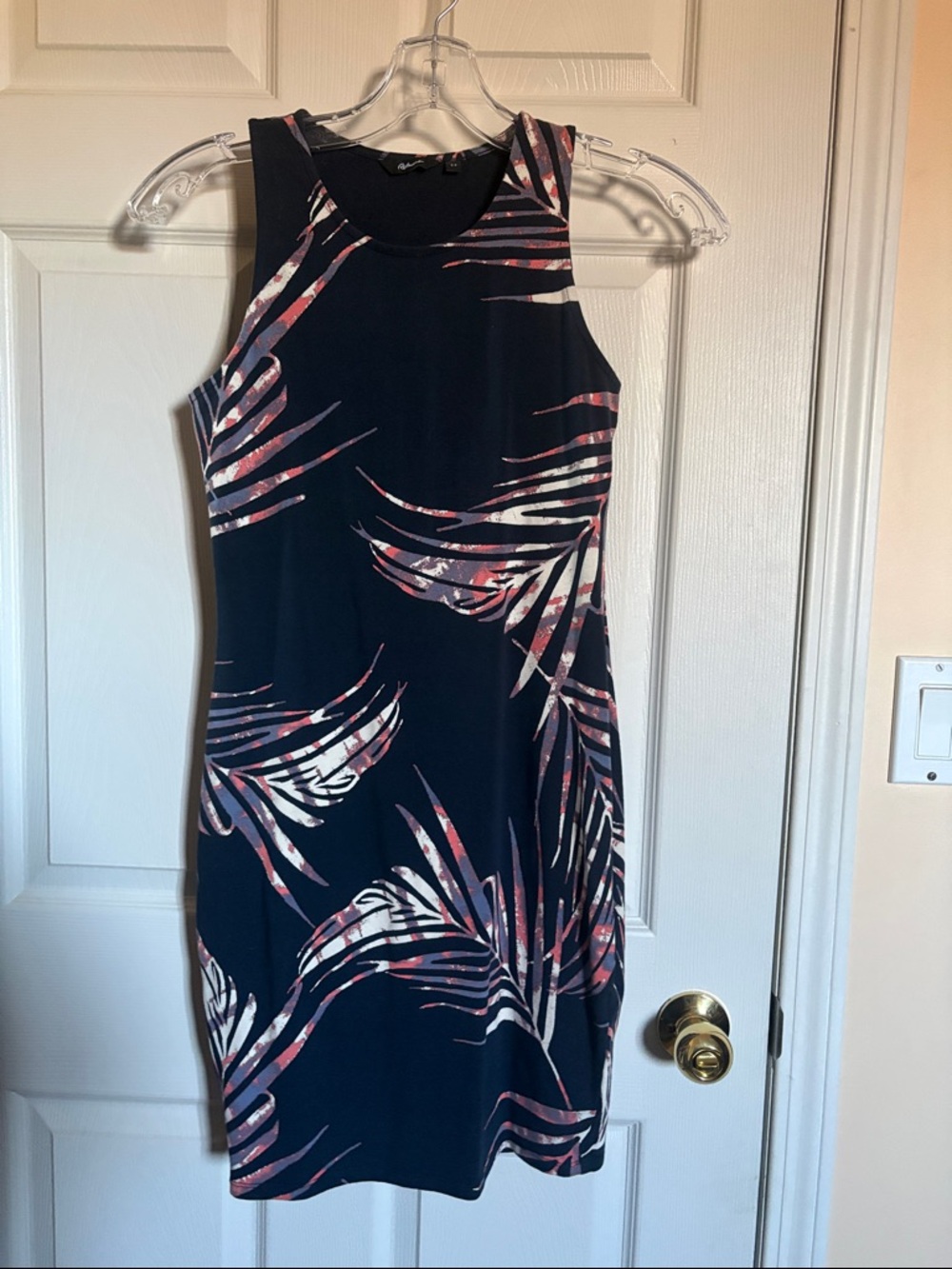 Sleeveless Navy Palm-Print Sheath Dress